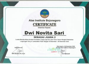 Sertifikat DWI NOVITA SARI Juara 2 Lomba menulis Buku Edukasi K