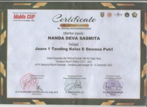 Sertifikat NANDA DEVA SASMITA Juara 1 Pencak Silat