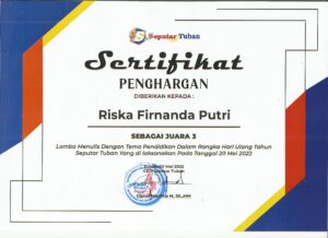 Sertifikat RISKA FIRNANDA PUTRI Juara 3 Pencak Silat